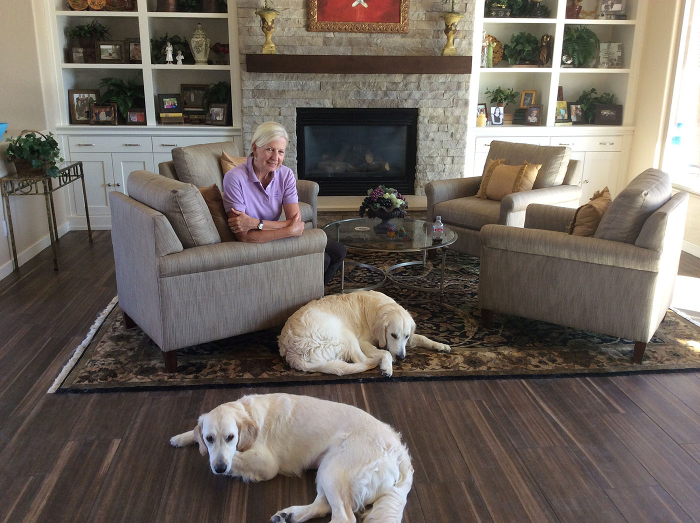 Catherine with her dogs, Misty and Skye