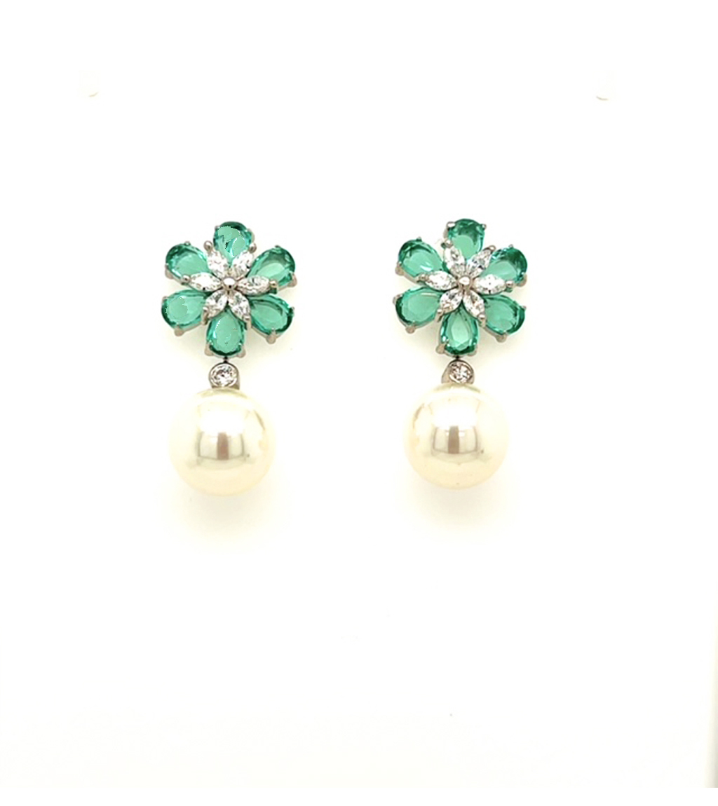 Green Flowered Pearl Turkish Earrings