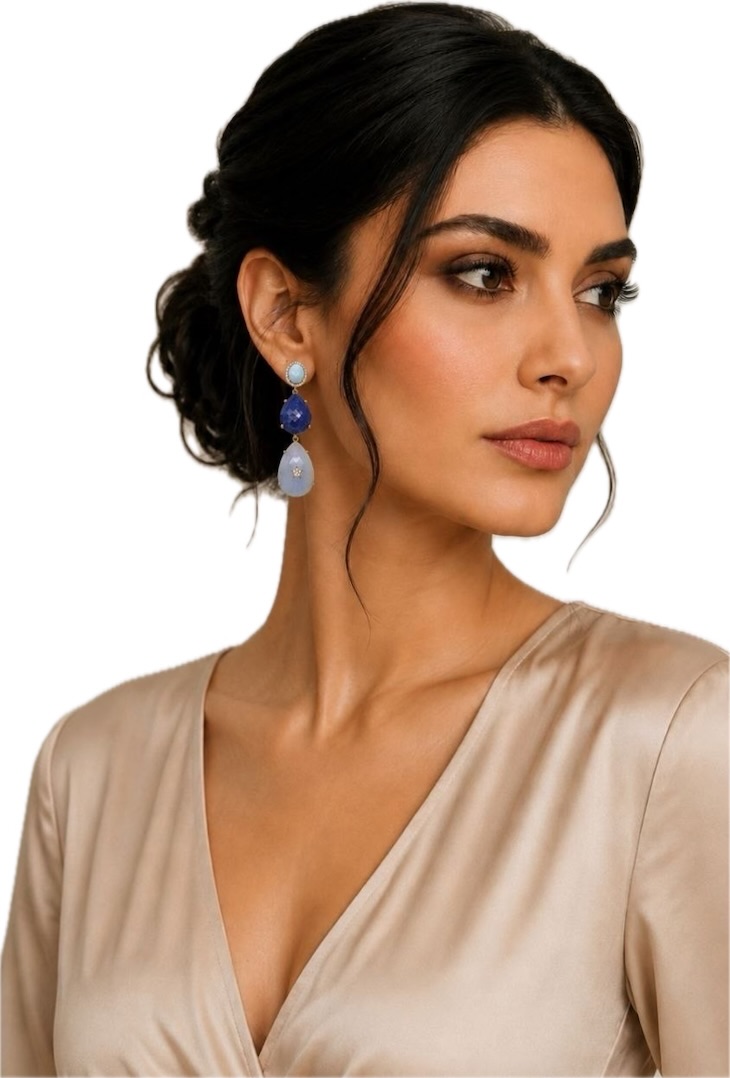 Woman wearing Gemstone Earrings
