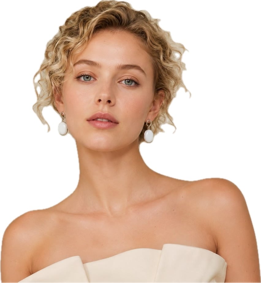 Woman Wearing White Onyx Drop Earrings