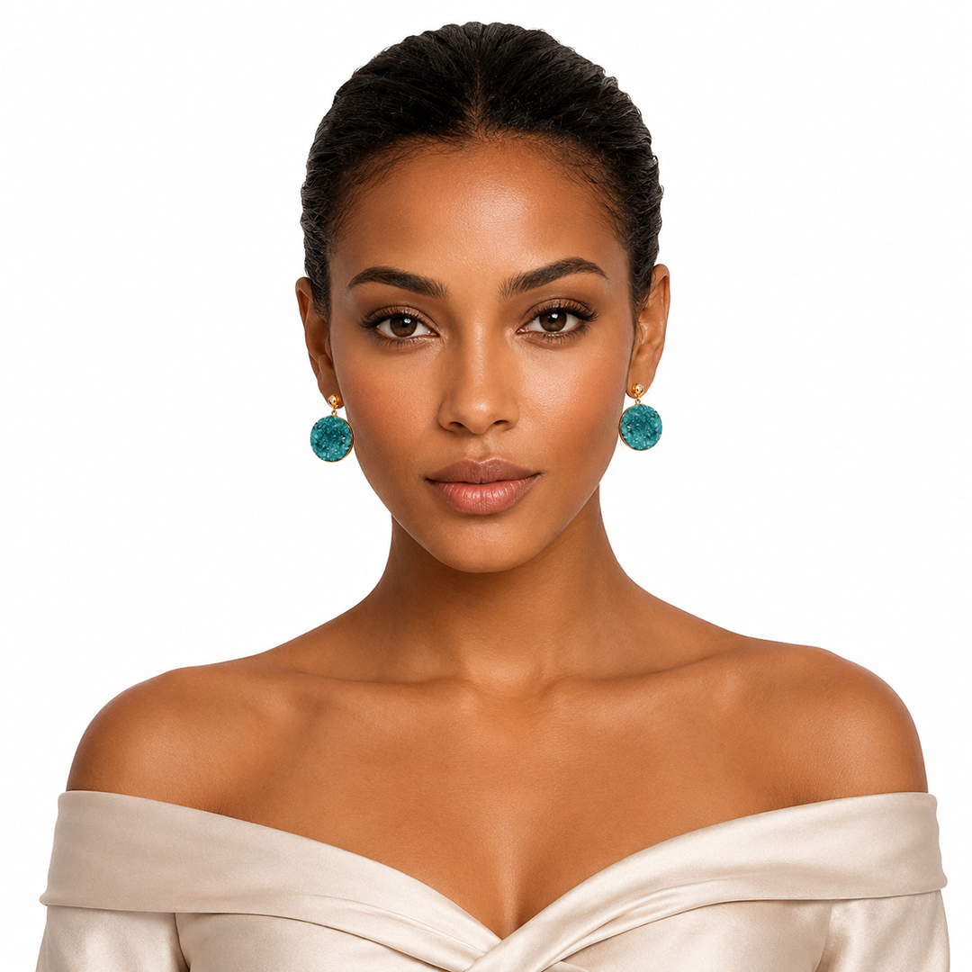 Woman Wearing Green Druzy Quartz Earrings