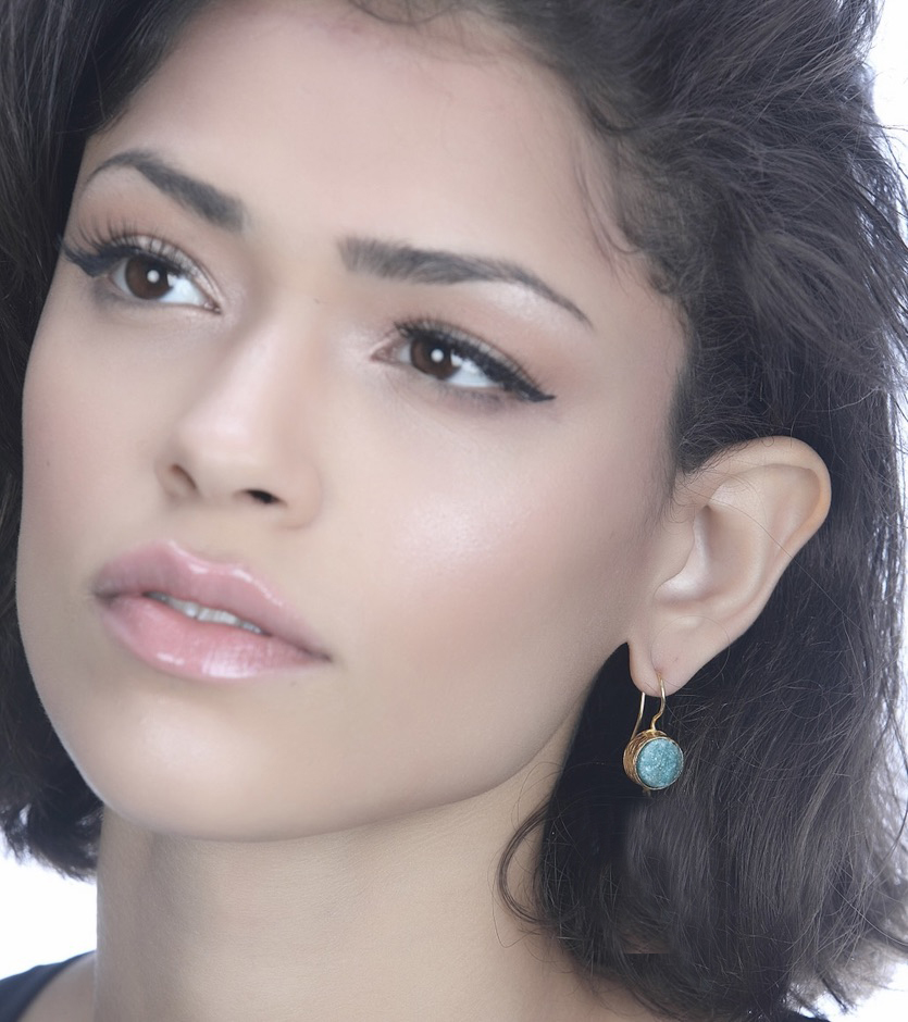 Woman Wearing Green Druzy Quartz Earrings