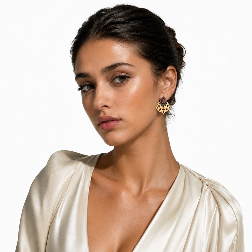 Woman Wearing Ruby in Sterling Silver Earring