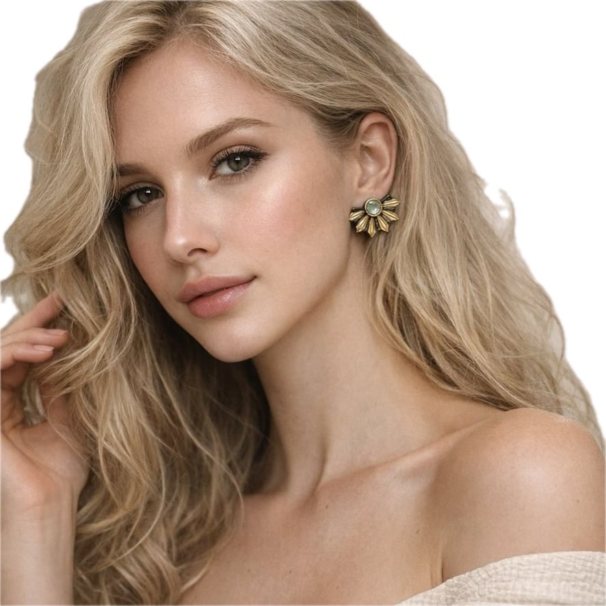 Woman Wearing Green Tourmaline Leaf Earrings