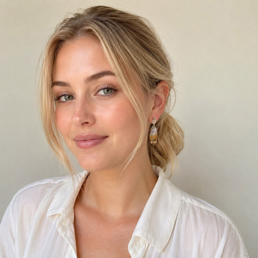 Woman wearing Bumblebee Jasper Earrings