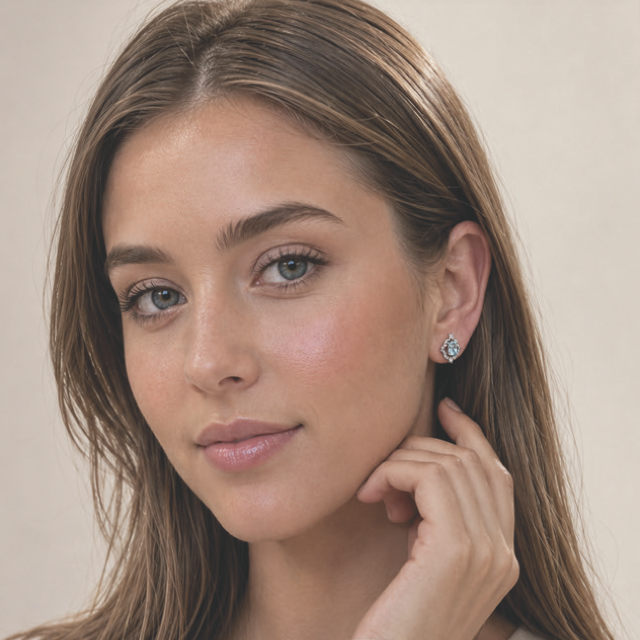 Woman Wearing Diamond and Aquamarine Earrings