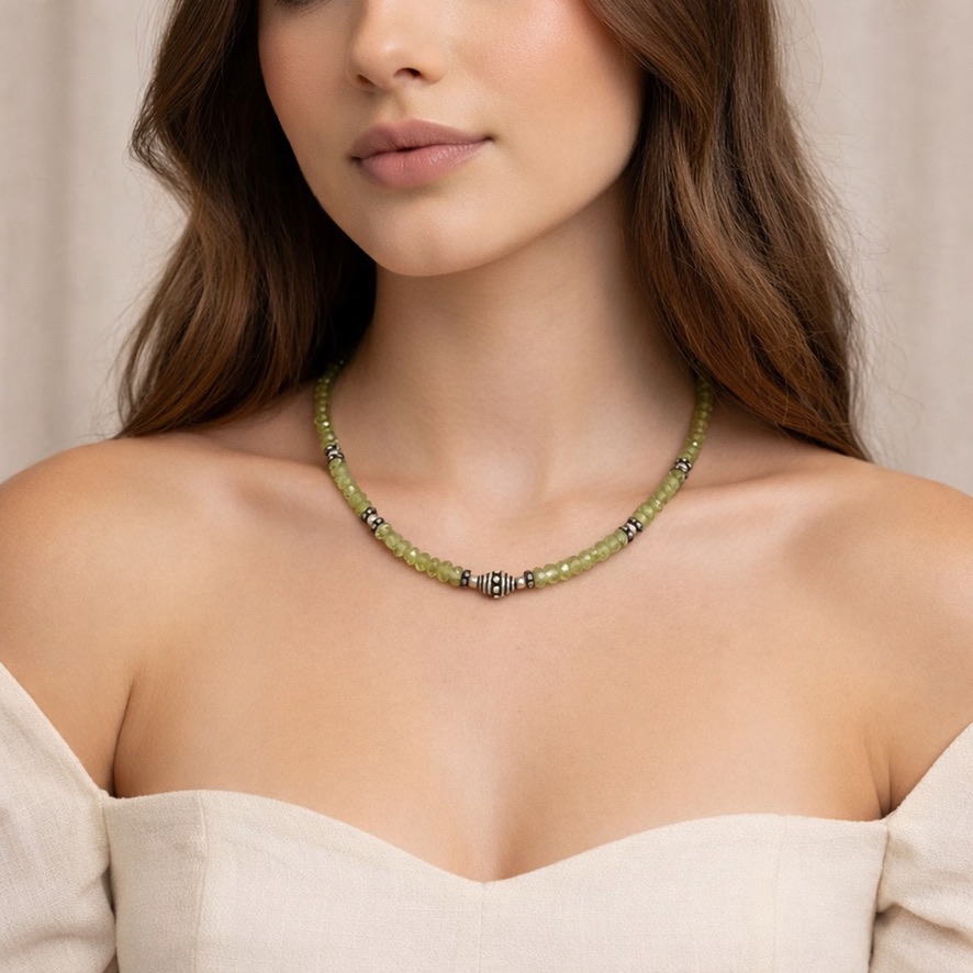 Woman Wearing Garnet Necklace