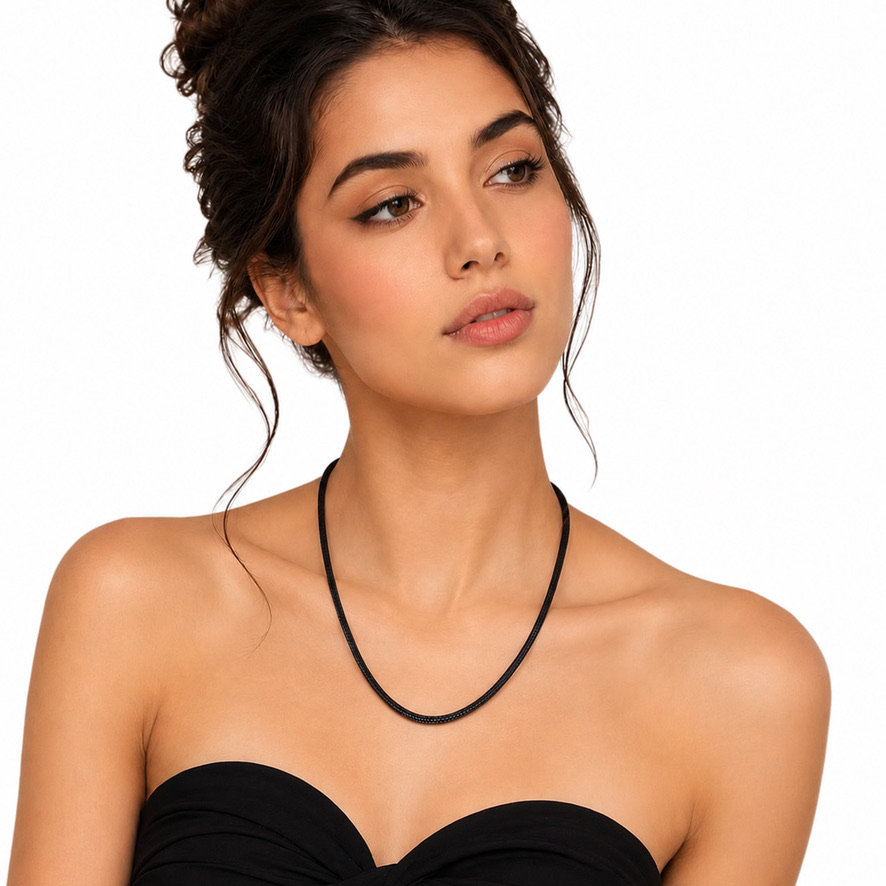 Woman Wearing Black Coil Chain Necklace