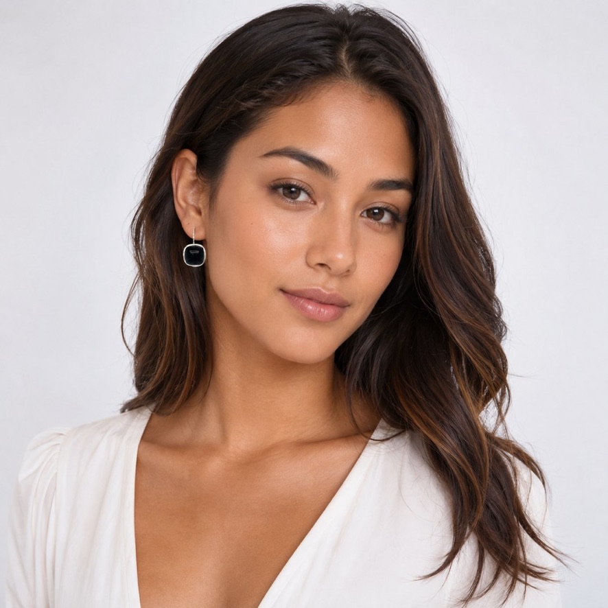 Woman wearing Large Black Onyx Earrings